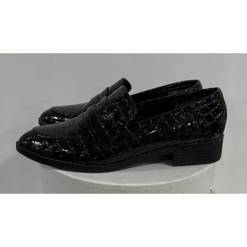 ALDO Black Croc Embossed Patent Penny Loafers Women's Size 7 Preppy Dress Shoes